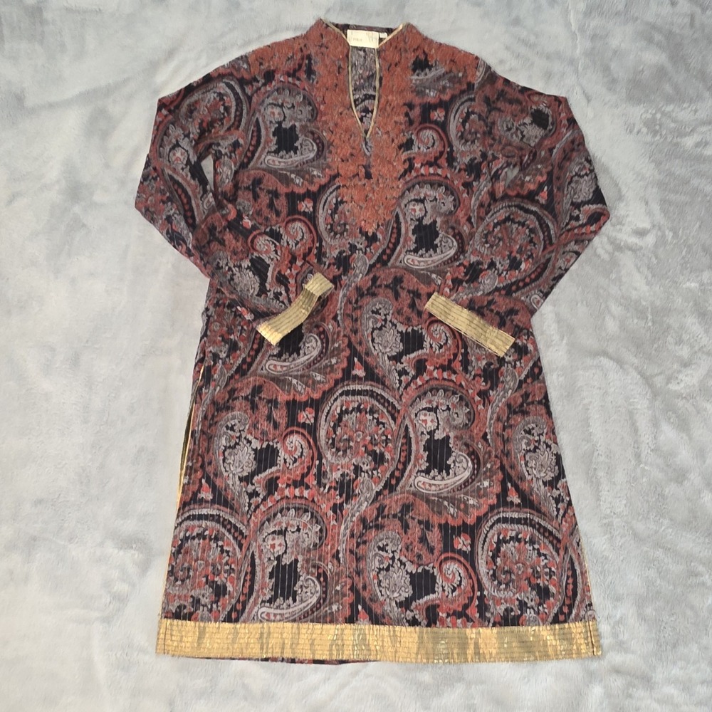 Polo‎ Indian Pakistani Kurta Kameez Tunic Top Dress Paisley Gold Womens Size 38